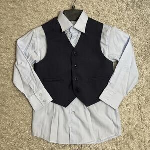 Boys Formal Suit Set Size 8R Dress Shirt Vest 2pc Navy Blue Pinstripe Wedding